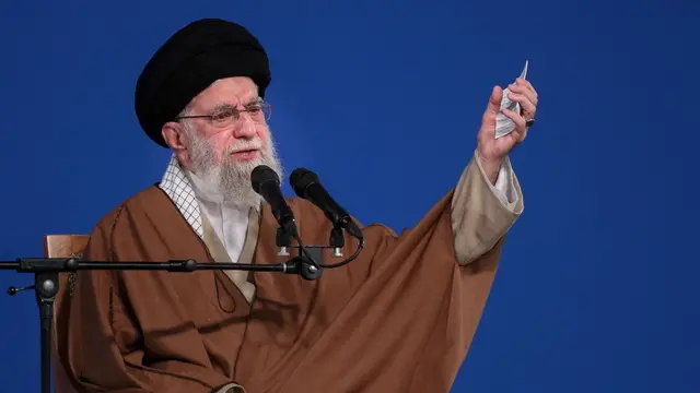 epa11978043 A handout picture made available by Iran's Supreme Leader Office shows Iranian supreme leader Ayatollah Ali Khamenei during his annual Nowruz (Persian new year) speech in Tehran, Iran, 21 March 2025. EPA/IRAN'S SUPREME LEADER OFFICE HANDOUT HANDOUT EDITORIAL USE ONLY/NO SALES