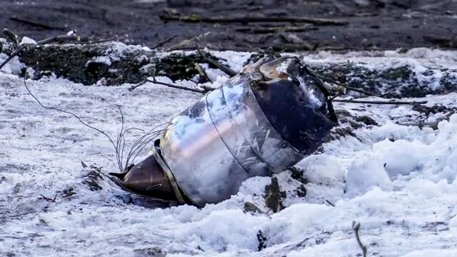 epa11882089 A part of a Ukrainian drone lies on the yard of a residential building in Rostov-on-Don, Russia, 08 February 2025. Acting Governor Yuri Slyusar reported that an attack by Ukrainian drones on Rostov damaged 14 apartment buildings. According to the Russian Defense Ministry, the Russian military shot down 36 Ukrainian drones over the Rostov, Volgograd, and Belgorod regions and over the Krasnodar Territory. EPA/STRINGER