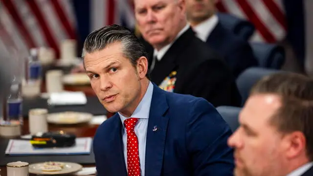epa11945083 US Secretary of Defense Pete Hegseth speaks to the media after welcoming UK Secretary of State for Defense John Healey to the Pentagon in Arlington, Virginia, USA, 06 March 2025. Both secretaries answered questions from reporters about ongoing defensive funding for Ukraine. EPA/JIM LO SCALZO