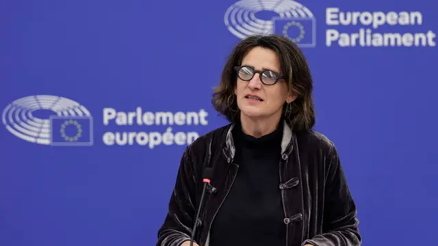 epa11956159 Teresa Ribera, Executive Vice-President of the European Commission for Competition, attends a press conference of the Commission at the European Parliament in Strasbourg, France, 11 March 2025. The EU Parliament's session runs from 10 to 13 March 2025. EPA/RONALD WITTEK