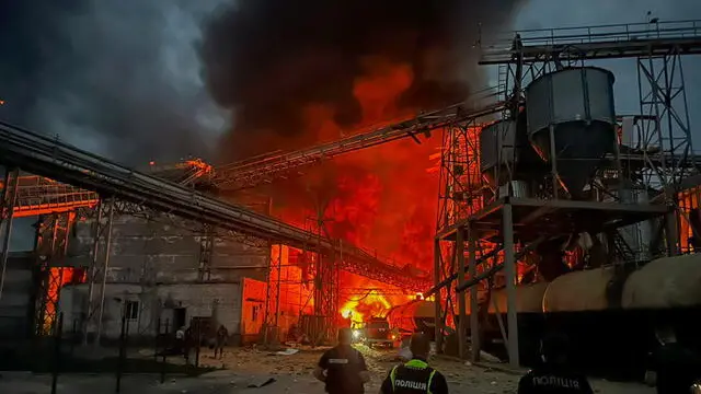 epa10824945 A handout picture made available by Andriy Yermak, the head of the Office of the President of Ukraine, shows the aftermath of an overnight rocket strike on a dairy factory in the Poltava region, Ukraine, 28 August 2023, amid the Russian invasion. Russian troops launched six rockets of different classes across Ukraine on the night between 27 and 28 August. Four were shot down according to a statement from the Ukraine Air Force. At least two people died and two others were injured. EPA/Andriy Yermak/Office of the President of Ukraine HANDOUT BEST QUALITY AVAILABLE HANDOUT EDITORIAL USE ONLY/NO SALES