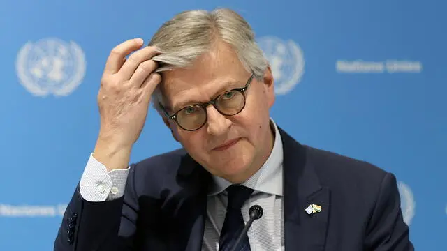 epa11925532 UN Under-Secretary-General for Peace Operations Jean-Pierre Lacroix addresses a press conference in New Delhi, India, 26 February 2025. Lacroix attended the conference 'Women in Peacekeeping: A Global South Perspective' during his visit to India. EPA/RAJAT GUPTA Coverage code no.77385