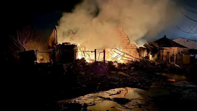 epa11996060 A handout photo made available by the Dnipropetrovsk Regional State Administration shows Ukrainian rescuers working at the site of a drone hit amid the ongoing Russian invasion late at night on 28 March, in Dnipro, Ukraine, 29 March 2025. At least four people died and another 19 were injured during the massive drone attack according to the Dnipropetrovsk Regional State Administration. EPA/Dnipropetrovsk Regional State Administration / HANDOUT HANDOUT EDITORIAL USE ONLY/NO SALES