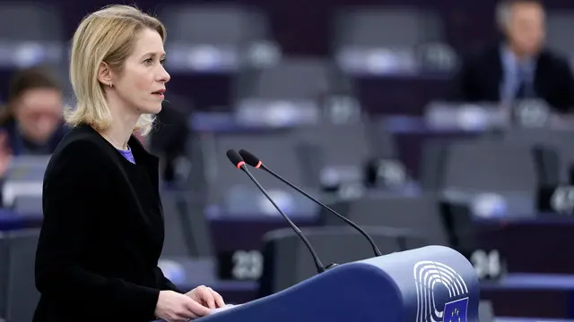 epa12002642 High Representative of the European Union for Foreign Affairs and Security Policy, Kaja Kallas, speaks during a debate on 'Russia’s war crimes in Ukraine: standing with Ukraine and upholding justice' at the European Parliament in Strasbourg, France, 01 April 2025. The EU Parliament's session runs from 31 March to 03 April 2025. EPA/RONALD WITTEK