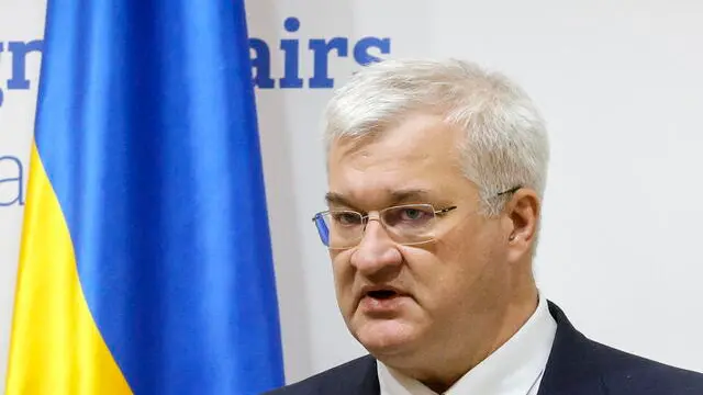 epa11989295 Ukrainian Foreign Minister Andrii Sybiha speaks during a joint press conference with Norwegian Labour and Social Inclusion Minister Tonje Brenna and Norwegian Foreign Minister Espen Barth Eide (both not pictured) following their meeting in Kyiv, Ukraine, 26 March 2025. The Norwegian foreign minister, accompanied by Labour and Social Inclusion Minister Tonje Brenna, arrived in Kyiv to meet Ukrainian officials and assess Norway's support amid the ongoing Russian invasion. EPA/SERGEY DOLZHENKO