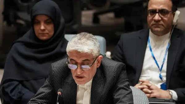 epa11279556 Islamic Republic of Iran Ambassador Amir Saeid Iravani (C) reads a speech to members of the Security Council at United Nations Headquarters in New York, New York, USA, 14 April 2024. The meeting was called to discuss the situation in the Middle East amid escalations between the State of Israel and the Islamic Republic of Iran. EPA/STEPHANI SPINDEL