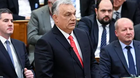 epa11921740 Hungarian Prime Minister Viktor Orban responds to the speeches of parliamentary faction leaders at the start of the spring session of the National Assembly in Budapest, Hungary, 24 February 2025. EPA/ZOLTAN MATHE HUNGARY OUT