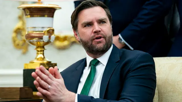 epa11958895 US Vice President JD Vance speaks as US President Donald Trump meets with Taoiseach of Ireland Micheal Martin in the Oval Office at the White House in Washington, DC, USA, 12 March 2025. EPA/BONNIE CASH / POOL