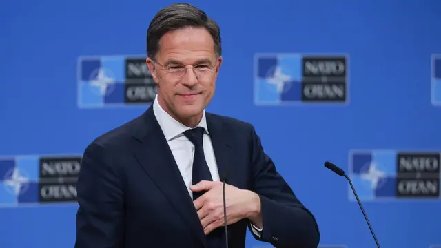 epa12009151 NATO Secretary General Mark Rutte speaks at a press conference after the North Atlantic Treaty Organization (NATO) meeting of NATO Foreign Ministers at NATO's headquarters in Brussels, Belgium, 04 April 2025. EPA/OLIVIER HOSLET