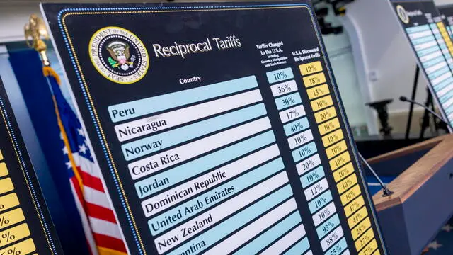 epa12007576 Charts listing the country by country tariffs President Trump levied on 'Liberation Day' are displayed in the press briefing room at the White House in Washington, DC, USA, 03 April 2025. US President Donald Trump has declared a US economic emergency and announced an across the board 10 percent tariff on imported goods with increased rates for 60 countries with higher trade deficits. EPA/SHAWN THEW