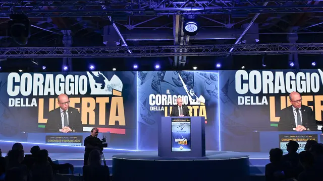 Giuseppe Valditara Ministro dell’istruzione e del merito durante il Congresso Federale della Lega “ Il coraggio della Liberta’” alla Fortezza da Basso di Firenze 5 e 6 Aprile Firenze 05 Aprile 2025 ANSA/CLAUDIO GIOVANNINI