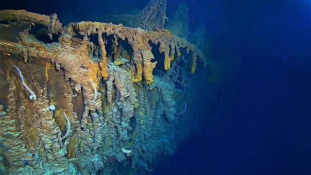 epa07786081 An undated handout photo made available by Atlantic Productions on 22 August 2019 shows the Titanic shipâs bow as well as detached rusticles below port side anchor of the RMS Titanic, off the coast of Newfoundland, Canada, in the Atlantic (issued 22 August 2019). Images shot by Atlantic Productions for a forthcoming documentary during dives show that the Titanic's wreck has been deteriorating. EPA/ATLANTIC PRODUCTIONS / HANDOUT MANDATORY CREDIT: ATLANTIC PRODUCTIONS HANDOUT EDITORIAL USE ONLY/NO SALES