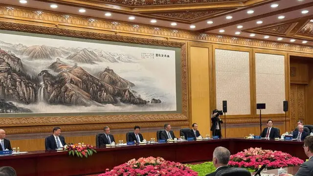 epa11993864 Samsung Electronics Co. Chairman Lee Jae-yong (2-R, rear), alongside CEOs from other global companies, takes part in a meeting with Chinese President Xi Jinping (2-L, rear) at the Great Hall of the People in Beijing, China, 28 March 2025. EPA/YONHAP SOUTH KOREA OUT
