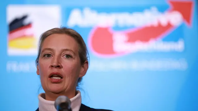 epa11985813 Alternative for Germany (AfD) party and faction co-chairwoman Alice Weidel speaks during a press statement after a parliamentary group meeting in Berlin, Germany, 24 March 2025. EPA/CLEMENS BILAN