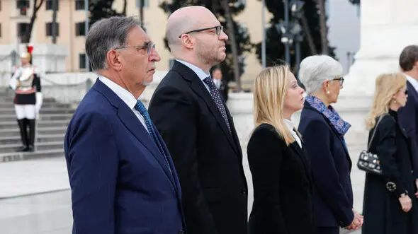 Italian Senate President Ignazio La Russa (L), Italian Prime Minister Giorgia Meloni and Italian President Chamber of Deputies Lorenzo Fontana at the Altar of the Fatherland (Altare della Patria) during celebration for the 78th Liberation Day, in Rome, Italy, 25 April 2023. ANSA/GIUSEPPE LAMI