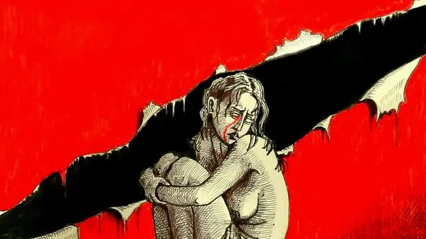 Un disegno di Emilio Vitelli per simbolizzare una violenza sessuale ai danni di una donna. ANSA / EMILIO VITELLI (stupro, violenza sessuale, donna, rosso, generica, simbolica, donna, vittima)