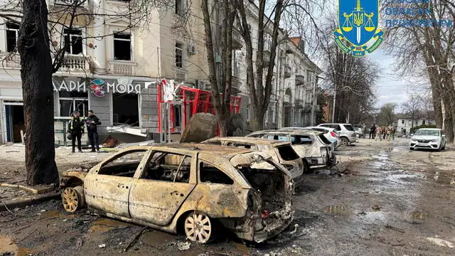 epa12028820 A handout photo made available by the Sumy Region Prosecutor's Office shows the site of a rocket strike in downtown Sumy, Ukraine, 13 April 2025, amid the ongoing Russian invasion. At least 21 people were killed and 83 injured, including 7 children, after a Russian rocket struck downtown Sumy in the morning, according to a report by the State Emergency Service. EPA/SUMY REGION PROSECUTOR'S OFFICE HANDOUT HANDOUT EDITORIAL USE ONLY/NO SALES
