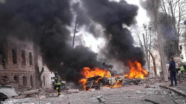 epa12029030 A handout photo made available by the State Emergency Service of Ukraine (SES) shows Ukrainian rescuers working at the site of a rocket strike in downtown Sumy, Ukraine, 13 April 2025, amid the ongoing Russian invasion. At least 31 people were killed, including two children, and 84 people were injured, including 10 children, after a Russian rocket hit downtown Sumy in the morning, according to a report by the State Emergency Service. EPA/STATE EMERGENCY SERVICE OF UKRAINE HANDOUT HANDOUT EDITORIAL USE ONLY/NO SALES