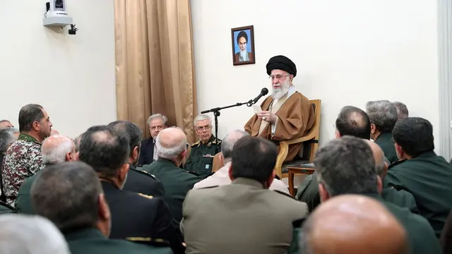 epa12029458 A handout photo made available by the Iranian supreme leader's office shows Iranian supreme leader Ayatollah Al Khamenei meeting with head of Iranian military forces in Tehran, Iran, 13 April 2025. EPA/SUPREME LEADER'S OFFICE HANDOUT HANDOUT EDITORIAL USE ONLY/NO SALES