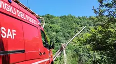 I vigili del fuoco sul luogo dove una donna è morta in un incidente in Piemonte, nel Verbano Cusio Ossola, nella Valle Anzasca, 04 luglio 2024. Secondo quanto al momento ricostruito, è stata agganciata e trascinata via da una teleferica privata per il trasporto di oggetti e merci a Calasca Castiglione, mentre stava caricando dei bagagli sull'impianto, che ha una sorta di slittino per l'invio da valle a monte e viceversa dei vari materiali. Da monte la teleferica sarebbe stata azionata proprio in quel momento. ANSA/ VIGILI DEL FUOCO DI VERBANIA +++ ANSA PROVIDES ACCESS TO THIS HANDOUT PHOTO TO BE USED SOLELY TO ILLUSTRATE NEWS REPORTING OR COMMENTARY ON THE FACTS OR EVENTS DEPICTED IN THIS IMAGE; NO ARCHIVING; NO LICENSING +++ NPK +++