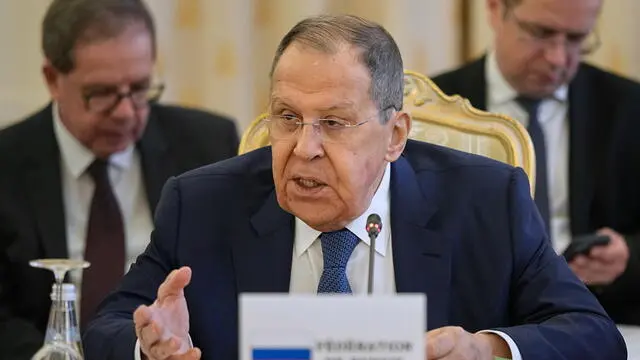 epa12007224 Russian Foreign Minister Sergey Lavrov speaks during a meeting with foreign ministers of the Alliance of Sahel States (AES) confederation in Moscow, Russia, 03 April 2025. The ministers of the Alliance, including Mali, Niger, and Burkina Faso, which withdrew from the Economic Community of West African States (ECOWAS) in late January 2025, visited Moscow seeking to strengthen ties with Russia. EPA/PAVEL BEDNYAKOV/ POOL