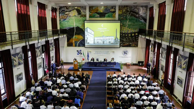 La presidente della Corte Costituzionale Silvana Sciarra e il ministro dell'Istruzione e Merito Giuseppe Valditara all’ITIS Galileo Galilei durante la cerimonia di presentazione di ‘Viaggio in Italia’ - la Corte Costituzionale nelle scuole, Roma, 27 Settembre 2023. ANSA/GIUSEPPE LAMI