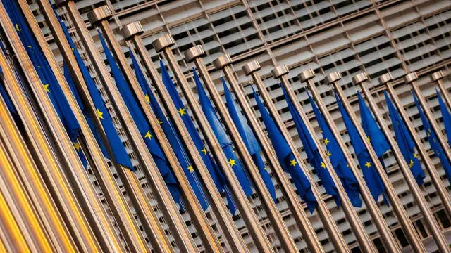 epa11479371 European flags fly in front of the European Commission at the beginning of the EU Agriculture and Fisheries Council in Brussels, Belgium, 15 July 2024. According to EU Commission, the upcoming meeting of EU Agriculture Ministers will address trade-related agricultural issues and strategies to enhance the long-term sustainability of rural communities. The agenda will also include a focus on generational renewal and demographic trends. EPA/OLIVIER MATTHYS