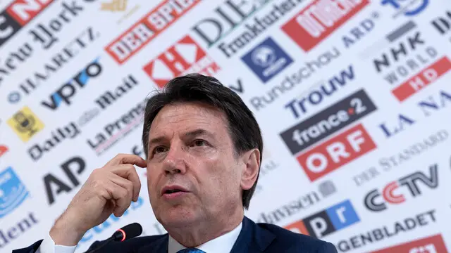 Il leader del M5stelle Giuseppe Conte, all’iniziativa: Media Freedom art, riforma Rai, conflitti di interesse. No al DL sicurezza. Organizzata dalla Stampa Estera. Roma, 15 aprile 2025 ANSA/MASSIMO PERCOSSI