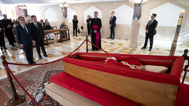 A handout picture provided by the Vatican Media shows the President of the Senate, Ignazio La Russa, visits the chapel of the Santa Marta residence inside the Vatican, where the body of Pope Francis is lying, to pay his respects in the Vatican, 22 April 2025. Pope Francis died on 21 April 2025 at the age of 88, according to the Holy See. Born Jorge Mario Bergoglio in Buenos Aires, Argentina, on 17 December 1936, he was appointed leader of the Catholic Church on 13 March 2013, succeeding Pontiff Emeritus Benedict XVI. ANSA/Vatican Media ANSA PROVIDES ACCESS TO THIS HANDOUT PHOTO TO BE USED SOLELY TO ILLUSTRATE NEWS REPORTING OR COMMENTARY ON THE FACTS OR EVENTS DEPICTED IN THIS IMAGE; NO ARCHIVING; NO LICENSING +++ NPK