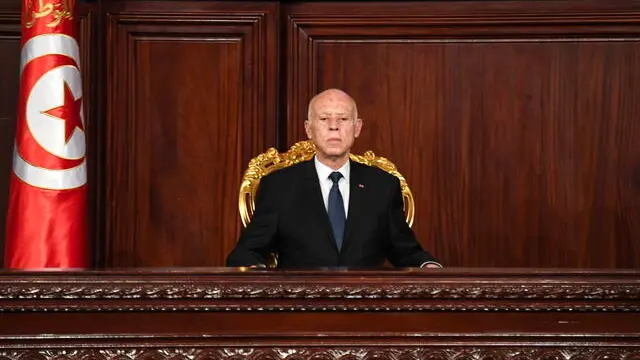 epa11673234 A handout photo made available by the Tunisian Presidency Press Service shows Tunisian President Kais Saied attending his swearing-in ceremony for a second term as Tunisia's president at the parliament in Tunis, Tunisia, 21 October 2024. Kais Saied on 6 October 2024 was re-elected president for a second term with 90.69 percent, or 2,438,954 of the votes. EPA/TUNISIAN PRESIDENCY PRESS SERVICE HANDOUT HANDOUT EDITORIAL USE ONLY/NO SALES