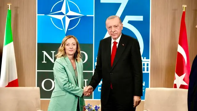 Italian Prime Minister Giorgia Meloni (L) meets Turkish President Recep Tayyip Erdogan (R) during a bilateral meeting in Washington, USA, 11 July 2024.ANSA/ Filippo Attili ANSA PROVIDES ACCESS TO THIS HANDOUT PHOTO TO BE USED SOLELY TO ILLUSTRATE NEWS REPORTING OR COMMENTARY ON THE FACTS OR EVENTS DEPICTED IN THIS IMAGE; NO ARCHIVING; NO LICENSING NPK