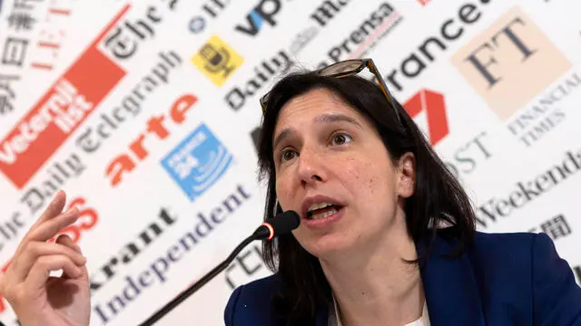 La segretaria del PD Elly Schlein, all’iniziativa: Media Freedom art, riforma Rai, conflitti di interesse. No al DL sicurezza. Organizzata dalla Stampa Estera. Roma, 15 aprile 2025 ANSA/MASSIMO PERCOSSI