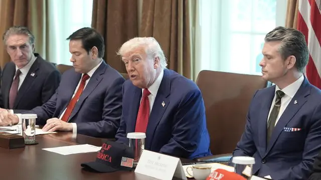 epa12065311 US President Donald Trump (2R) sits with Secretary of the Interior Doug Burgum (L), Secretary of State Marco Rubio (2L) and Secretary of Defense Pete Hegseth (R) as he speaks during a cabinet meeting in the Cabinet Room of the White House in Washington, DC, USA, 30 April 2025. EPA/KEN CEDENO / POOL