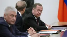 epa12048802 Deputy head of Russia's Security Council Dmitry Medvedev attends a meeting of the Military-Industrial Commission chaired by President Vladimir Putin at the Kremlin, in Moscow, Russia, 23 April 2025. EPA/GAVRIIL GRIGOROV / SPUTNIK / KREMLIN POOL MANDATORY CREDIT