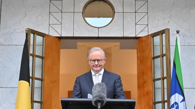 epa11994604 Prime Minister Anthony Albanese at a press conference after visiting Government House to dissolve Parliament and call an election in Canberra, Australian Capital Territory, Australia, 28 March 2025. The Australian prime minister has called a federal election to be held on 03 May 2025. EPA/MICK TSIKAS AUSTRALIA AND NEW ZEALAND OUT