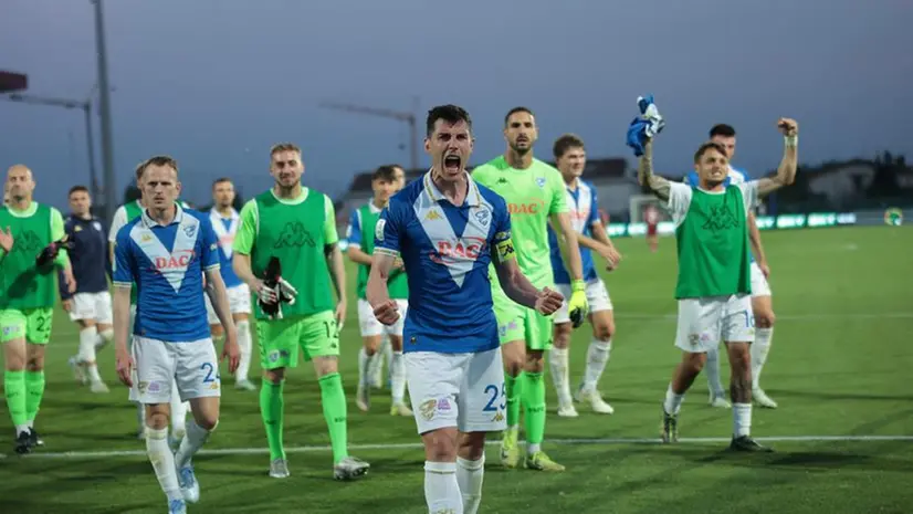Il Brescia vince a Cittadella, l'esultanza finale dei giocatori