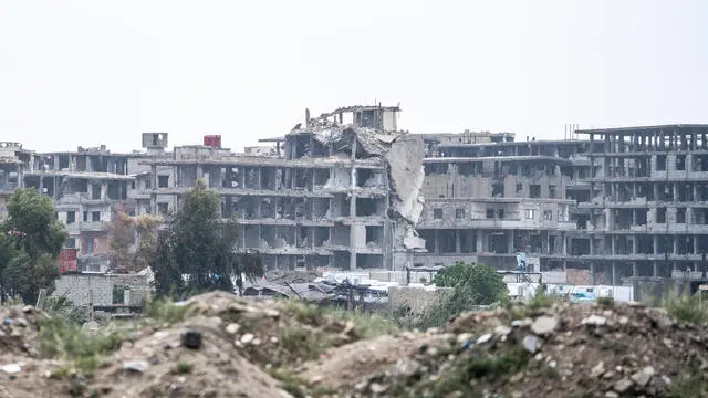 Le macerie provocate dalla guerra nella periferia di Damasco. Il viaggio tra la distruzione della Siria. Circa 400 chilometri tra Damasco e Aleppo con città fantasma e macerie, provocate dalla guerra e dal terremoto. 13 aprile 2023 ANSA/JESSICA PASQUALON