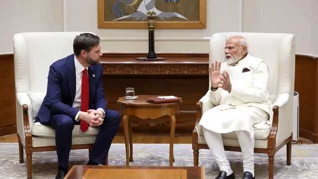 epa12044812 A handout photo made available by the Press Information Bureau (PIB) shows Indian Prime Minister Narendra Modi (R) with U.S. Vice President James David Vance (L) in New Delhi, 21 April 2025. The U.S. Vice President is on a four-day official visit to India and is expected to meet with the Prime Minister to discuss bilateral ties between the two countries. EPA/PRESS INFORMATON BUREAU HANDOUT HANDOUT EDITORIAL USE ONLY/NO SALES