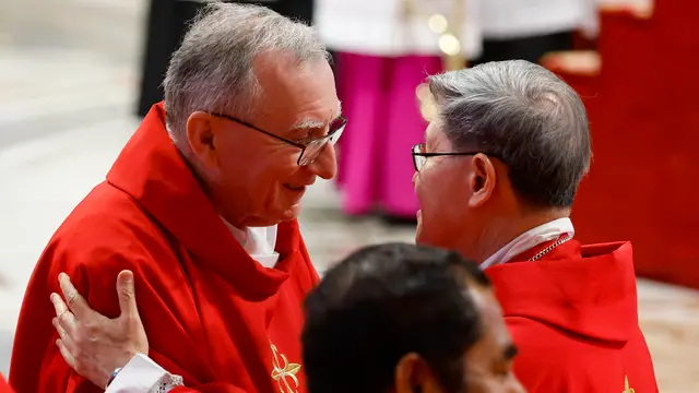 Cardinals Pietro Parolin (L) and Luis Antonio Tagle attend the Fifth Novendali Mass in memory of Pope Francis in Saint Peter's Basilica, Vatican City, 30 April 2025. ANSA/FABIO FRUSTACI