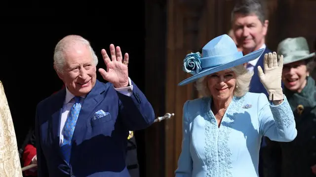 epa12042209 Britain’s King Charles III (L) and Queen Camilla (R) attend the Easter Service at Windsor Castle in Windsor, west of London, Britain, 20 April 2025. Members of the UK royal family attended the annual Easter service at Windsor Castle. EPA/ANDY RAIN