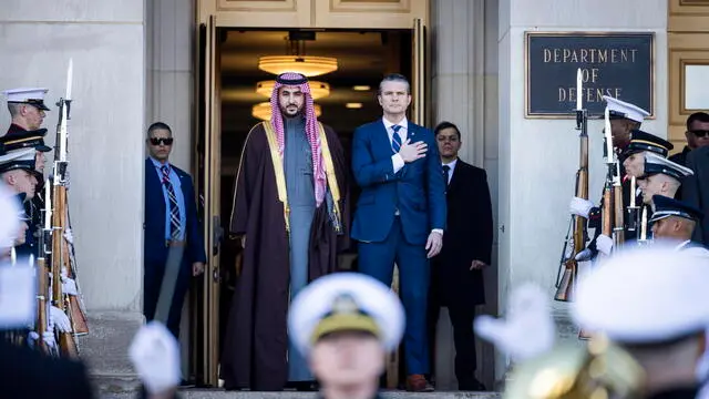 epa11922595 US Secretary of Defense Pete Hegseth (C-R) welcomes Saudi Arabia Minister of Defense Prince Khalid bin Salman (C-L), to the Pentagon in Arlington, Virginia, USA, 24 February 2025. Hegseth has defended President Trump's firing of Chairman of the Joint Chiefs General Charles Brown, and ordered the Pentagon to prepare for eight percent budget cuts for each of the next five years. EPA/JIM LO SCALZO