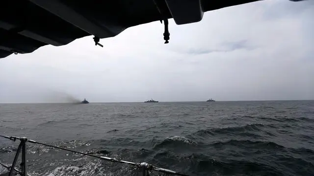 epa11282829 NATO warships patrol the sea during a NATO naval drill 'Sea Shield 24' on the Black Sea, off the coast of Constanta, Romania, 16 April 2024. 'Sea Shield 24' is the most complex drill conducted by the Romanian Naval Forces in 2024, being carried out with the participation of military and technical personnel from 12 allied and partner states - Bulgaria, France, Georgia, Greece, Italy, Britain, Moldova, the Netherlands, Poland, Portugal, Turkey and the US. More than 2,200 military and approximately 140 technical means (sea and river vessels, aircraft and motor vehicles and boats) are training in the Black Sea, as well as in the coastal area, on the Danube and in the Danube Delta, for combat illegal activities missions, maritime and river control missions, search and rescue at sea, providing assistance to a ship in distress and ensuring the security of NATO's Eastern flank. EPA/ROBERT GHEMENT