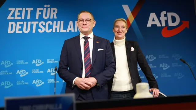 epa12069607 (FILE) Alternative for Germany (AfD) party and faction co-chairwoman Alice Weidel (R) and co-chairman Tino Chrupalla (L) pose during a press conference in Berlin, Germany, 07 December 2024 (reissued 02 May 2025). Germany's AfD party has been officially designated as right-wing extremist by the Federal Office for the Protection of the Constitution (BfV), the domestic intelligence agency announced on 02 May 2025. EPA/CLEMENS BILAN