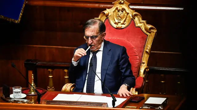 Italian President of the Senate, Ignazio La Russa, as Italian PM Meloni reports at the Senate on the upcoming European Council, Rome, Italy, 18 March 2025. ANSA/RICCARDO ANTIMIANI