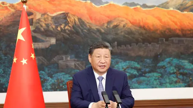 epa12049469 Chinese President Xi Jinping delivers a speech via video link at the Leaders Meeting on Climate and the Just Transition, in Beijing, China, 23 April 2025. EPA/XINHUA / HUANG JINGWEN CHINA OUT / UK AND IRELAND OUT / MANDATORY CREDIT EDITORIAL USE ONLY