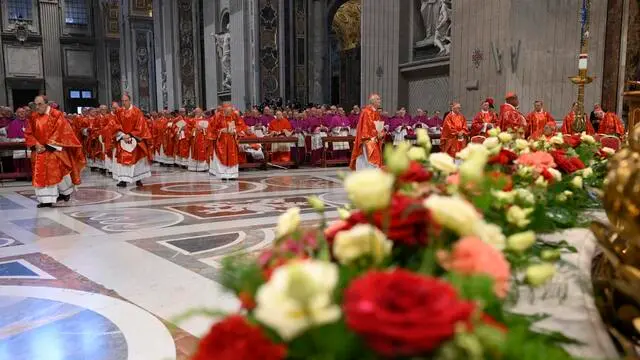 A moment of the special mass 'Pro eligendo Romano Pontifice' presided by Cardinal Giovanni Battista Re, prior to the start of the conclave, at St Peter's Basilica in The Vatican, on May 7, 2025. ANSA/VATICAN MEDIA +++ ANSA PROVIDES ACCESS TO THIS HANDOUT PHOTO TO BE USED SOLELY TO ILLUSTRATE NEWS REPORTING OR COMMENTARY ON THE FACTS OR EVENTS DEPICTED IN THIS IMAGE; NO ARCHIVING; NO LICENSING+++NPK