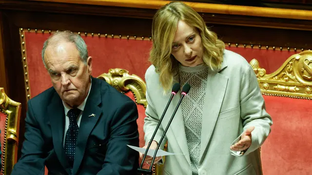 Il presidente del Consiglio Giorgia Meloni in Senato durante il Question time, Roma, 7 Maggio 2025. ANSA/GIUSEPPE LAMI