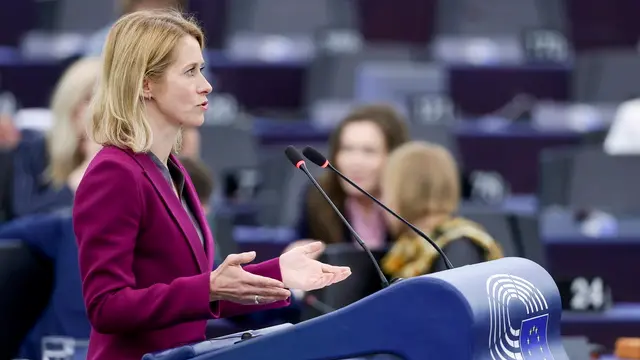 epa12078042 High Representative of the European Union for Foreign Affairs and Security Policy Kaja Kallas speaks during a debate on 'Protecting Greenland's right to decide its own future and maintain the rule-based world order' at a session of the European Parliament in Strasbourg, France, 06 May 2025. The current plenary session runs from 05 until 08 May 2025. EPA/RONALD WITTEK