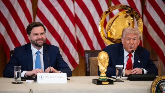 epa12078858 US Vice President JD Vance (L) and US President Donald Trump take part in a meeting of the White House Task Force on the FIFA World Cup 2026 in the East Room of the White House in Washington, DC, USA, 06 May 2025. Andrew Giuliani was named Executive Director of the task force. EPA/FRANCIS CHUNG / POOL