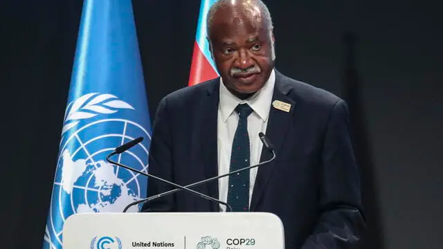 epa11716033 President of the United Nations General Assembly Philemon Yang speaks at the UN Climate Change Conference COP29 in Baku, Azerbaijan, 12 November 2024. The Azerbaijani capital of Baku hosts the 2024 United Nations Climate Change Conference (COP29) from 11 to 22 November 2024. EPA/IGOR KOVALENKO